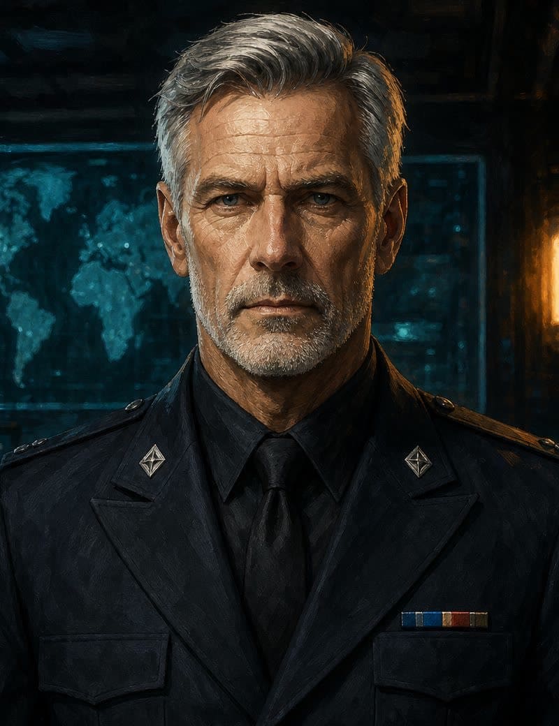 The Director, a grey-haired man in a dark uniform
