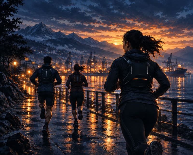 Three runners on a wet harbour path at dusk, running apart but together