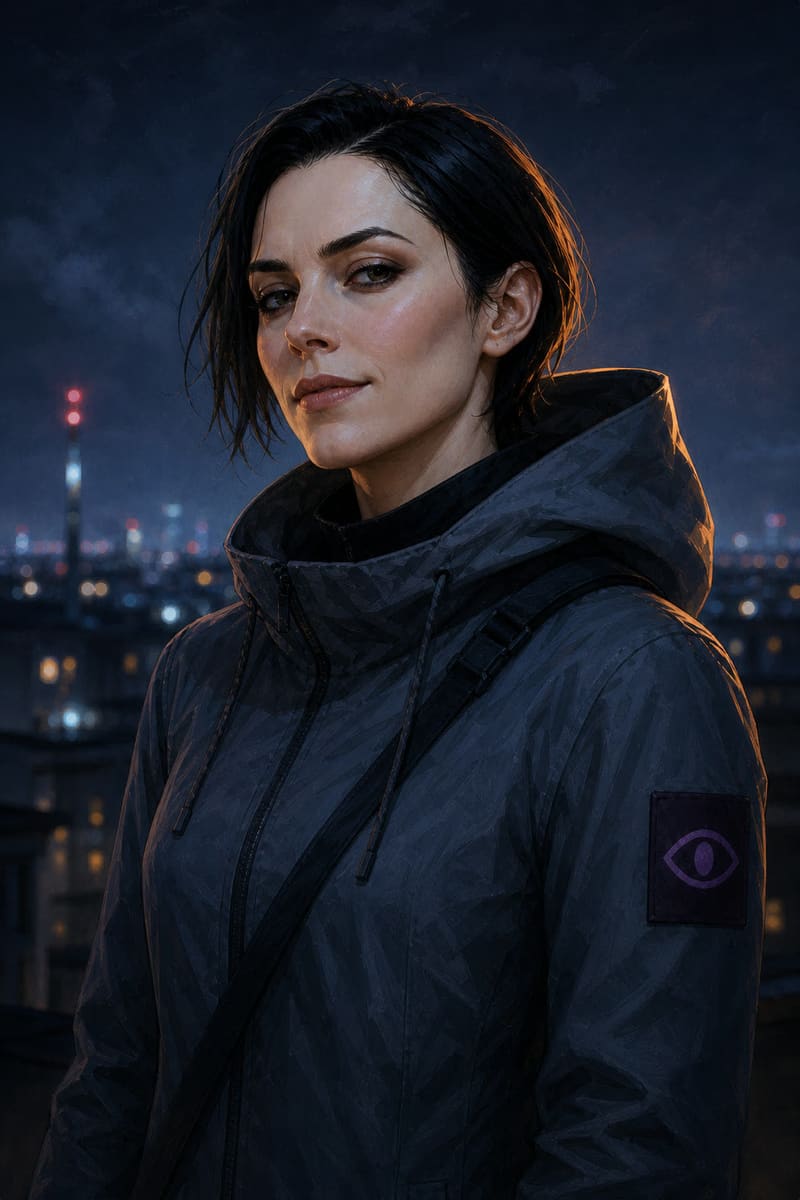 Specter, a woman in a hooded coat over a night skyline