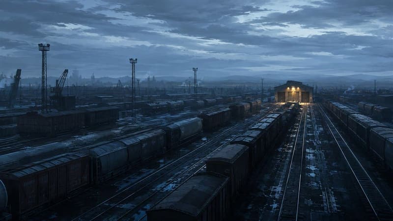 A freight yard at dusk